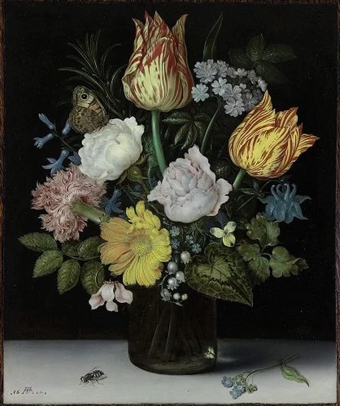 Il Vecchio - Fiori in un vaso di vetro su un basamento in pietra